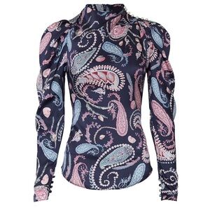 Thurley Crown Of Thornes Blouse Long sleeve Paisley Pearls Navy print size 4 RTR